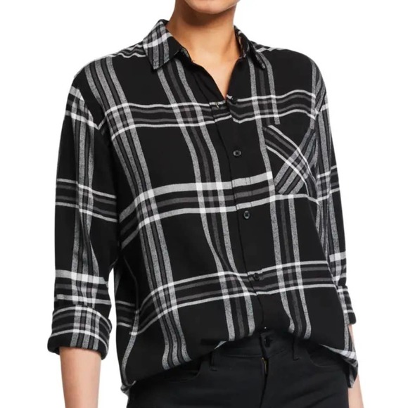 Rails Milo Long Sleeve Brushed Plaid Button Front Rayon Top Black Size Small - Picture 1 of 6
